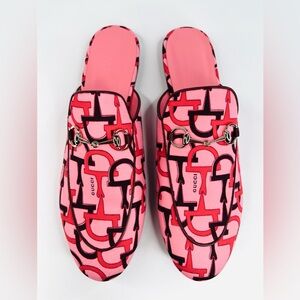 Gucci Princetown Horsebit Logo Print Pink Fabric Flat Loafer Mules Size EU 40.5